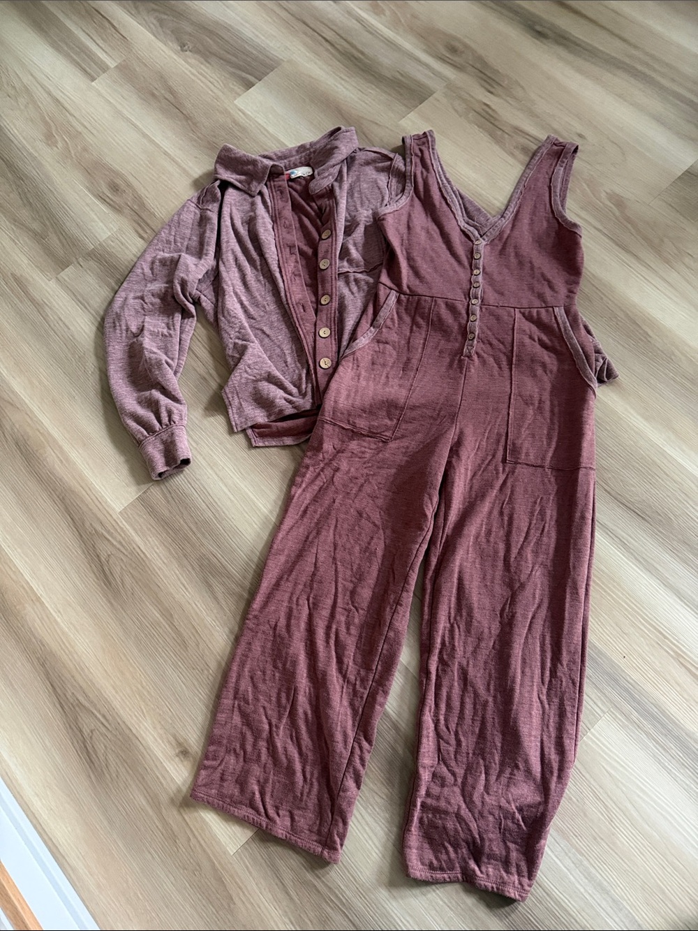 Free People Mauve Ribbed Button-Front Jumpsuit with Matching Cardigan